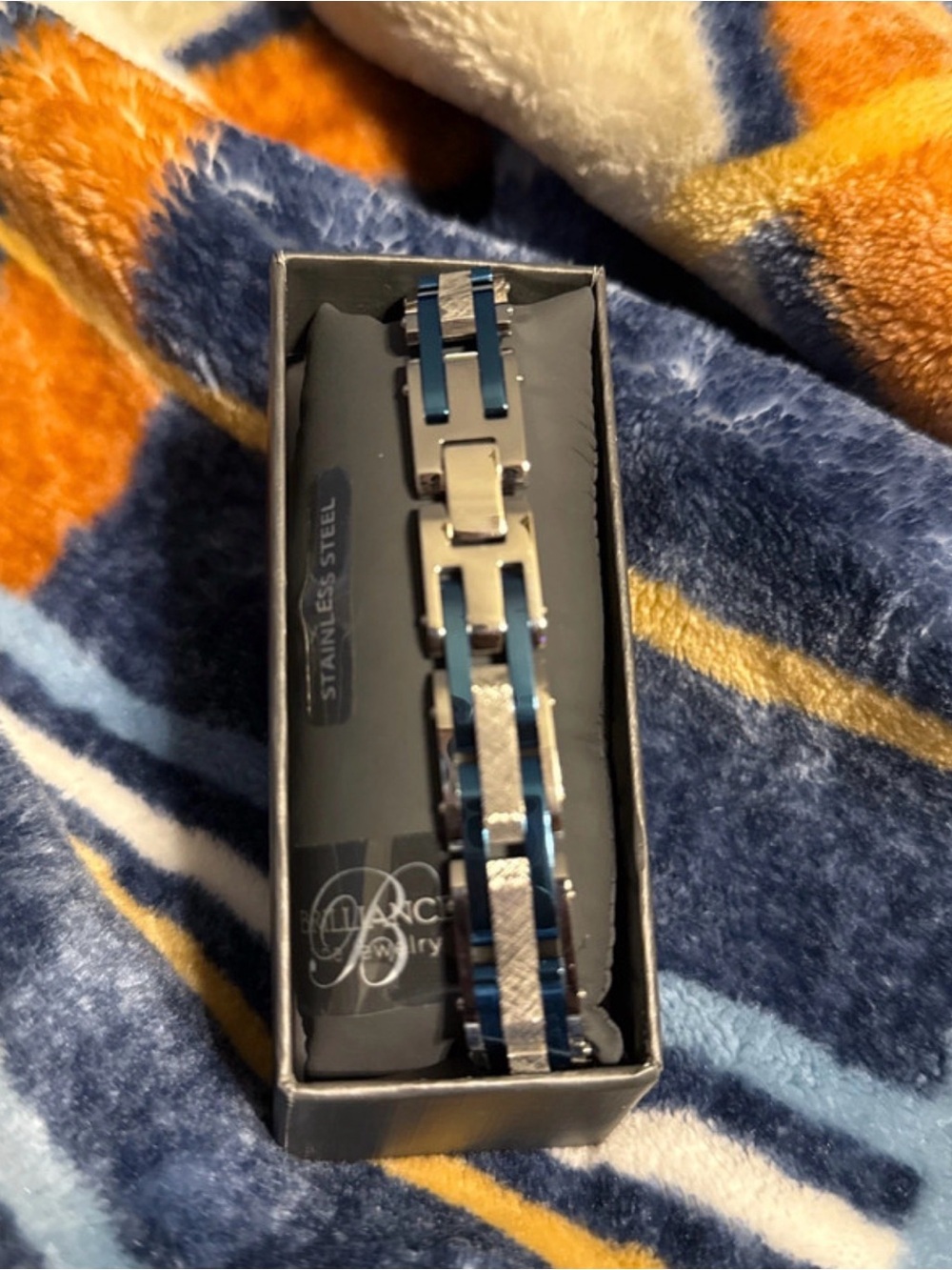 Men's Stainless Steel Link Bracelet with Blue Accents